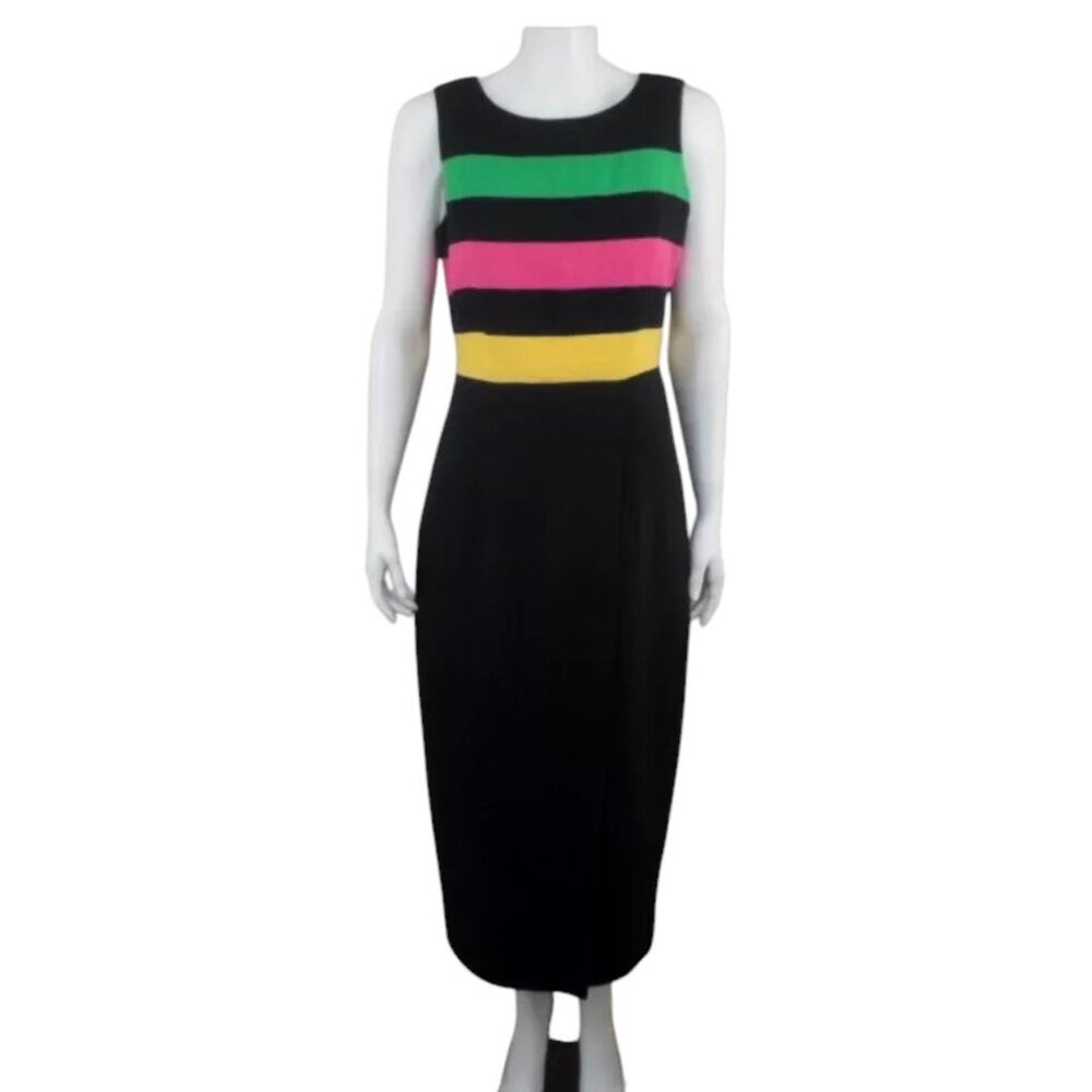Vintage Leslie Lucks Maxi Sheath Dress Sleeveless Black Multi Stripes